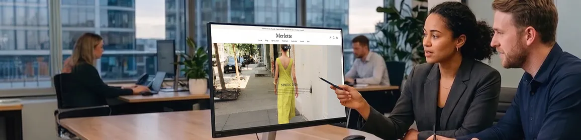 Merlette fashion ecommerce product page displayed on a large monitor in a professional workspace after Redefine user experience / user interface redesign Merlette fashion ecommerce product page displayed on a large monitor in a professional workspace after Redefine user experience / user interface redesign