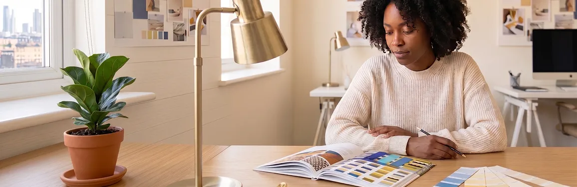 Brand designer reviewing logo concepts and color palettes at a creative studio workstation Brand designer reviewing logo concepts and color palettes at a creative studio workstation