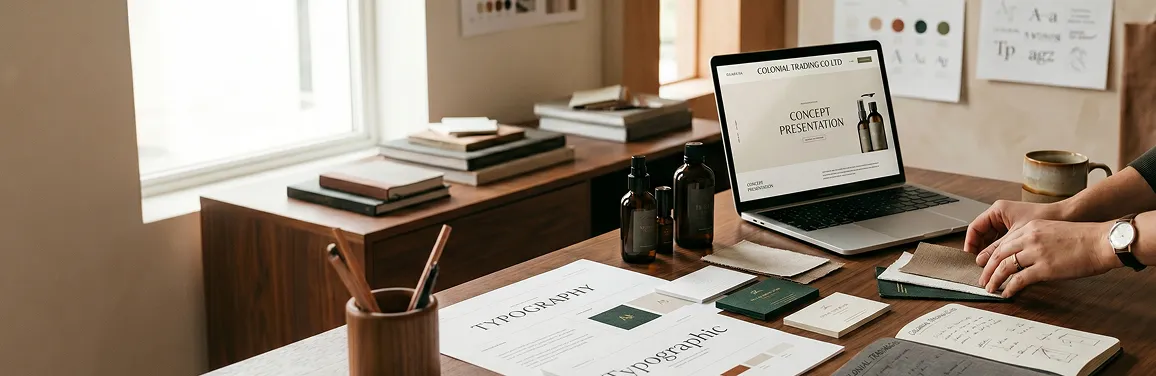 Design team reviewing a completed brand identity system book together at a conference table