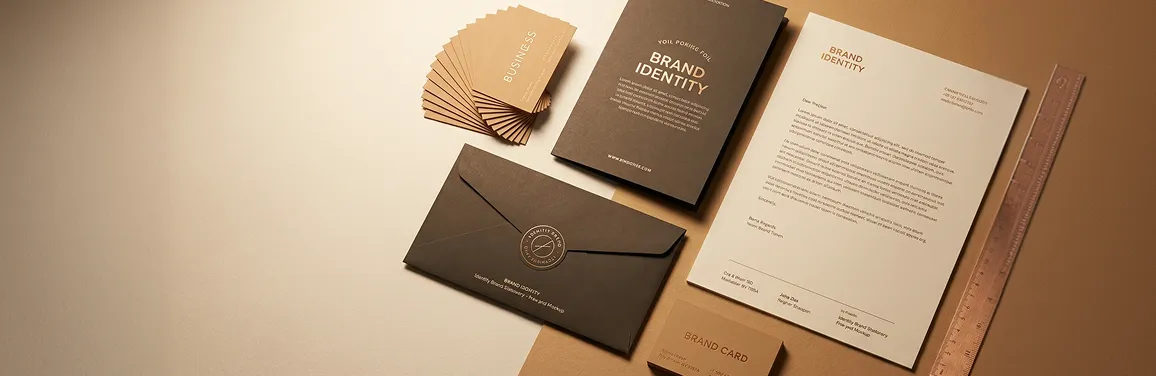 Brand identity print collateral including business cards and letterhead on a clean creative studio surface Brand identity print collateral including business cards and letterhead on a clean creative studio surface