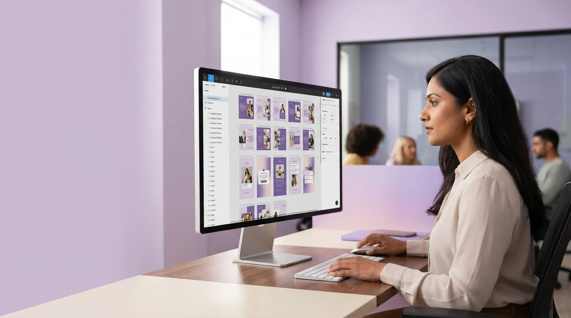 Social media content designer reviewing branded graphic templates at a large monitor with screen glow and natural window light in a professional studio Social media content designer reviewing branded graphic templates at a large monitor with screen glow and natural window light in a professional studio
