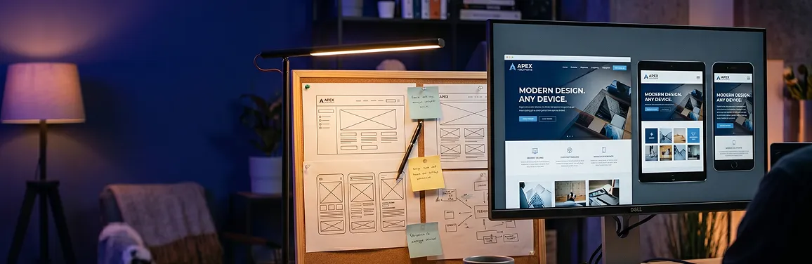 Web developer reviewing responsive website mockups on laptop, tablet, and phone simultaneously at a bright studio desk Web developer reviewing responsive website mockups on laptop, tablet, and phone simultaneously at a bright studio desk