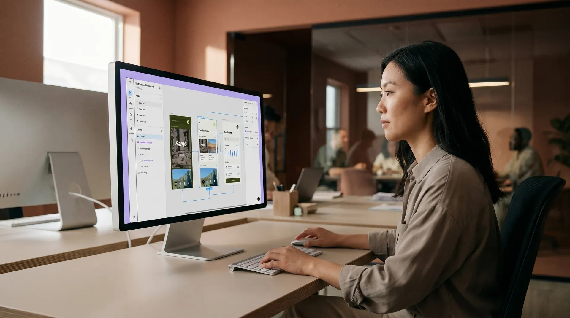 Web app designer reviewing user interface wireframes on a large monitor at a bright studio desk Web app designer reviewing user interface wireframes on a large monitor at a bright studio desk