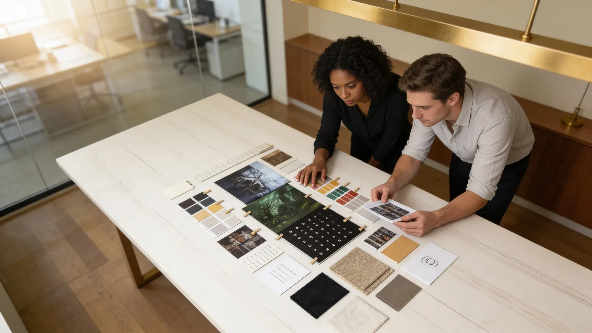 Creative design team reviewing brand boards and design mockups spread across a large studio table in natural overhead light Creative design team reviewing brand boards and design mockups spread across a large studio table in natural overhead light