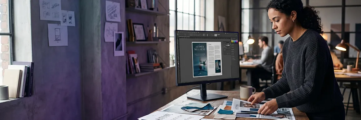 Marketing manager calmly reviewing a polished cohesive campaign layout at a desk in afternoon light Marketing manager calmly reviewing a polished cohesive campaign layout at a desk in afternoon light