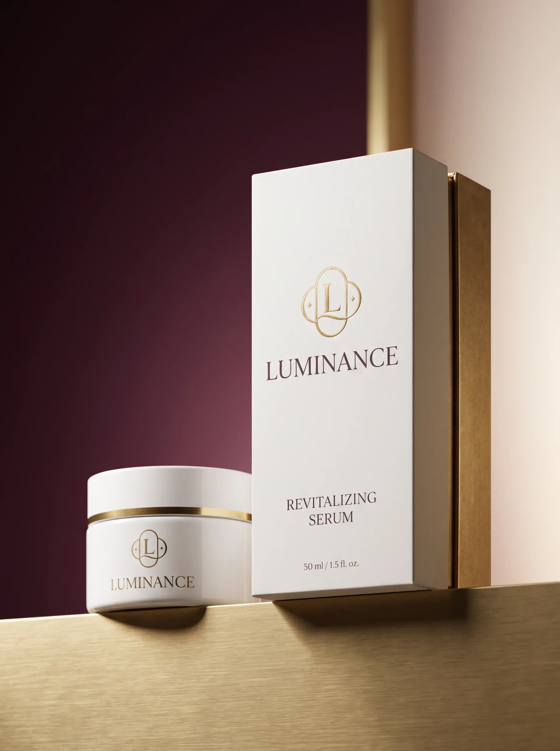 Custom branded beauty product packaging box and matching cosmetic jar with brand typography and foil accent on a premium plum-to-ivory studio surface in professional studio light Custom branded beauty product packaging box and matching cosmetic jar with brand typography and foil accent on a premium plum-to-ivory studio surface in professional studio light