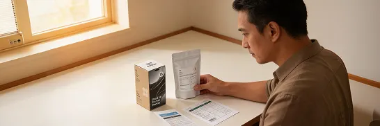 Packaging designer carefully reviewing freshly printed product packaging proof samples at a design desk with warm morning window light Packaging designer carefully reviewing freshly printed product packaging proof samples at a design desk with warm morning window light