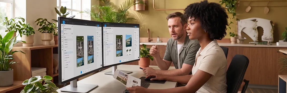 Web design team reviewing ecommerce store layouts on dual monitors, natural studio light Web design team reviewing ecommerce store layouts on dual monitors, natural studio light