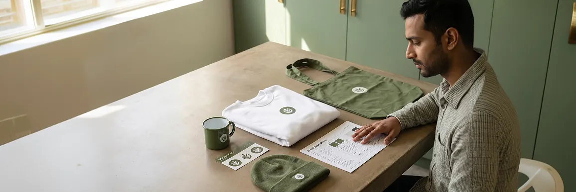 Brand manager reviewing a cohesive, brand-consistent promotional merchandise range delivered ready for production Brand manager reviewing a cohesive, brand-consistent promotional merchandise range delivered ready for production