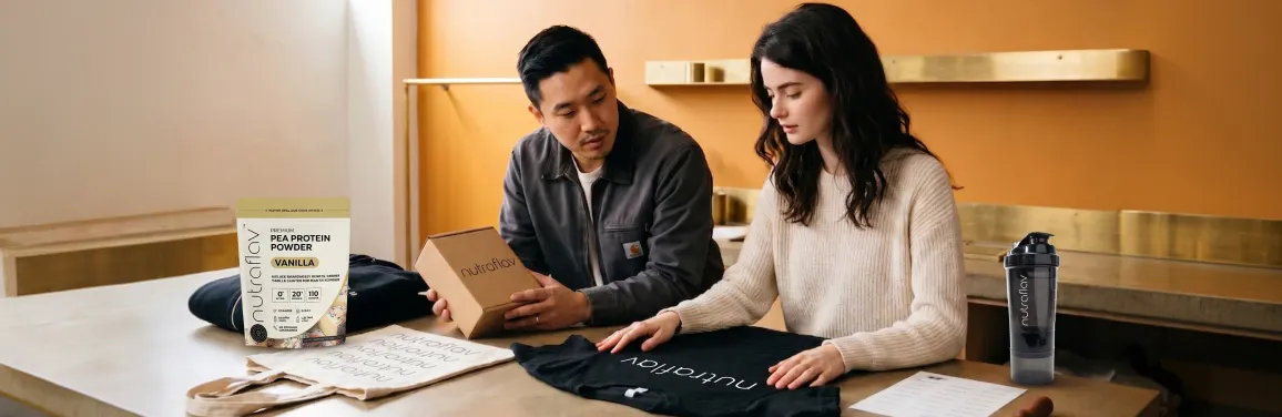 Designer reviewing a finished branded merchandise lineup including apparel and packaging samples in natural light Designer reviewing a finished branded merchandise lineup including apparel and packaging samples in natural light
