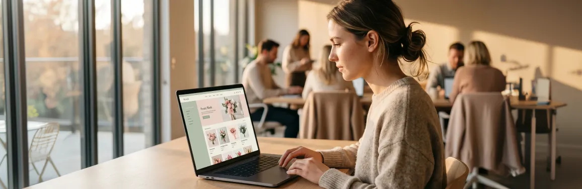 Ecommerce merchant reviewing WooCommerce store analytics and product pages on a laptop at a desk with natural window light Ecommerce merchant reviewing WooCommerce store analytics and product pages on a laptop at a desk with natural window light