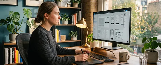 WooCommerce web designer reviewing Figma wireframes for a WooCommerce checkout flow on a large monitor at a design desk with warm morning window light WooCommerce web designer reviewing Figma wireframes for a WooCommerce checkout flow on a large monitor at a design desk with warm morning window light