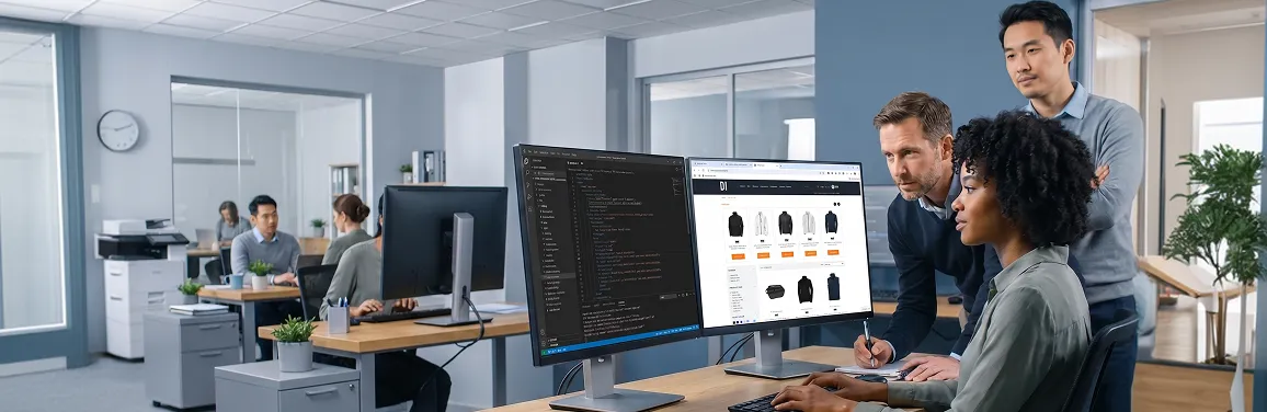 Engineering team reviewing B2B headless ecommerce platform architecture on screens in screen glow lighting Engineering team reviewing B2B headless ecommerce platform architecture on screens in screen glow lighting