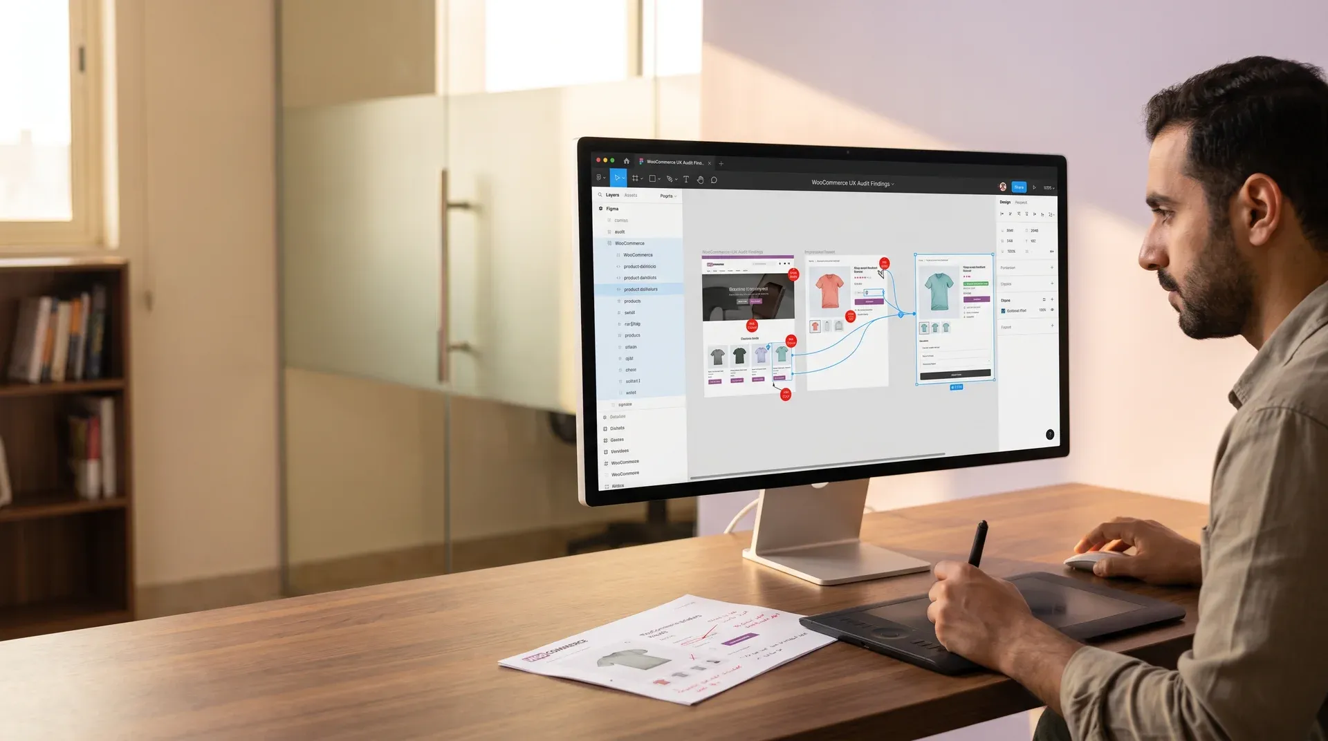 WooCommerce user experience auditor carefully annotating a printed product page with friction markers at a desk with warm morning window light