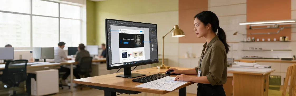 Web designer reviewing page layouts on dual monitors in a bright modern studio Web designer reviewing page layouts on dual monitors in a bright modern studio
