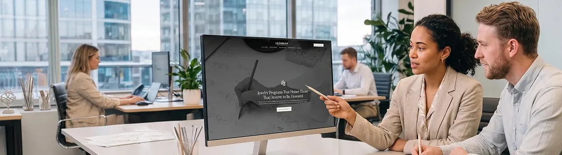 Developer and designer collaborating at a shared workstation, screens showing code and Figma Developer and designer collaborating at a shared workstation, screens showing code and Figma