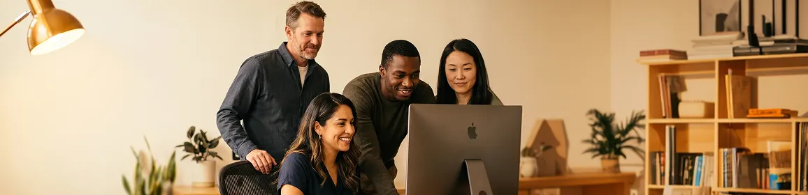 Team gathered around a monitor at site launch moment, genuine reaction Team gathered around a monitor at site launch moment, genuine reaction