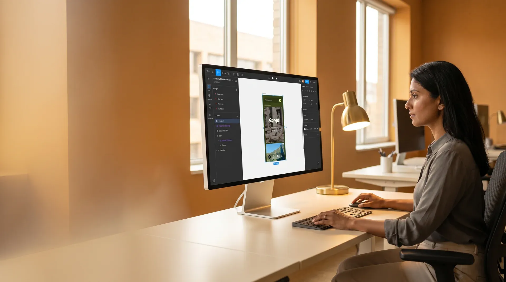 Senior enterprise web designer reviewing complex site architecture wireframes at a large monitor with screen glow in a professional office Senior enterprise web designer reviewing complex site architecture wireframes at a large monitor with screen glow in a professional office