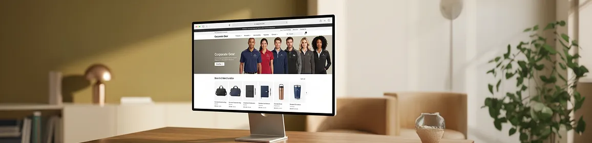 Corporate Gear enterprise apparel ecommerce catalog displayed on a large monitor in a professional office after Redefine user experience redesign Corporate Gear enterprise apparel ecommerce catalog displayed on a large monitor in a professional office after Redefine user experience redesign
