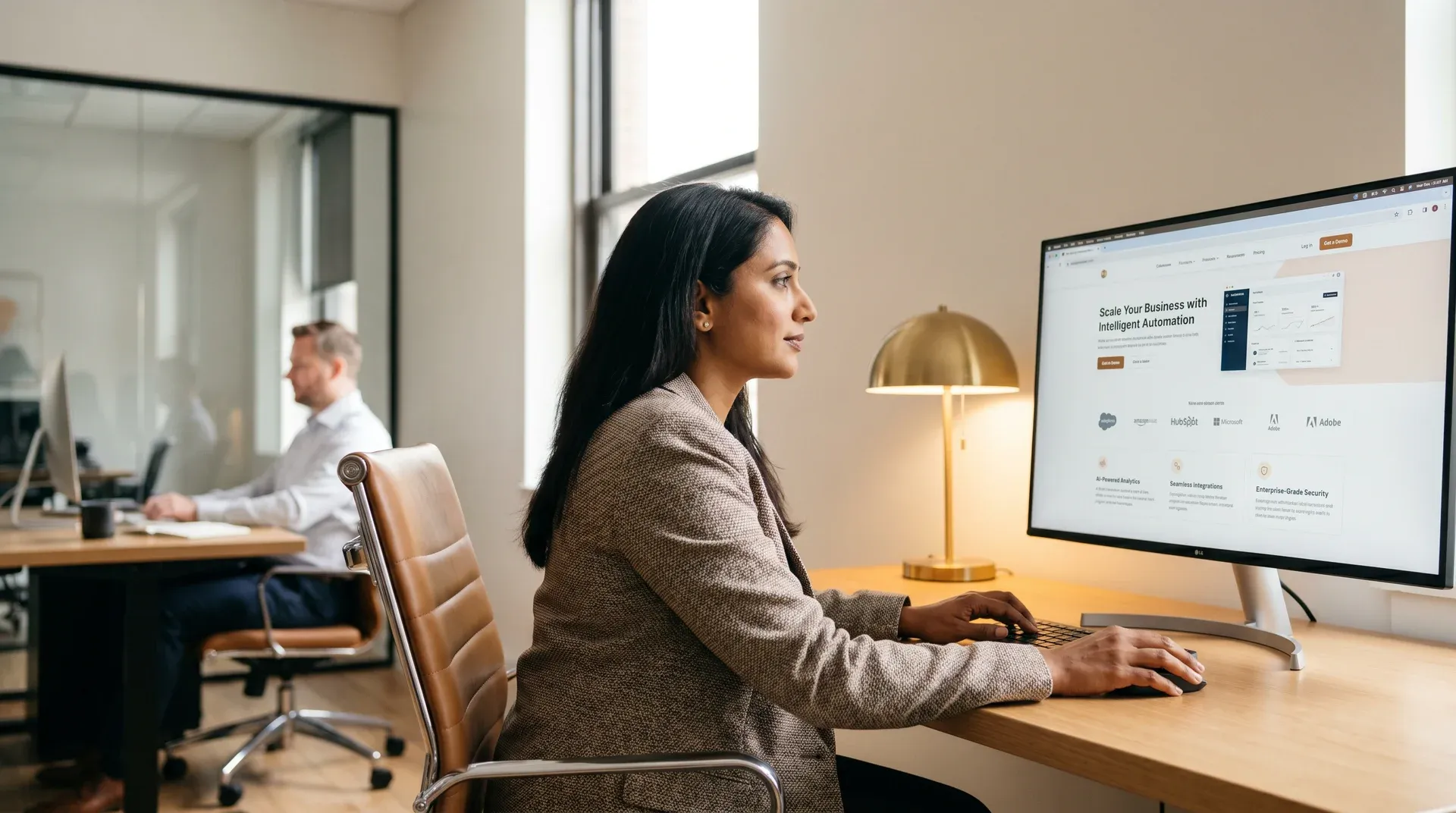 B2B marketing director reviewing website analytics data on a large monitor in a modern office B2B marketing director reviewing website analytics data on a large monitor in a modern office