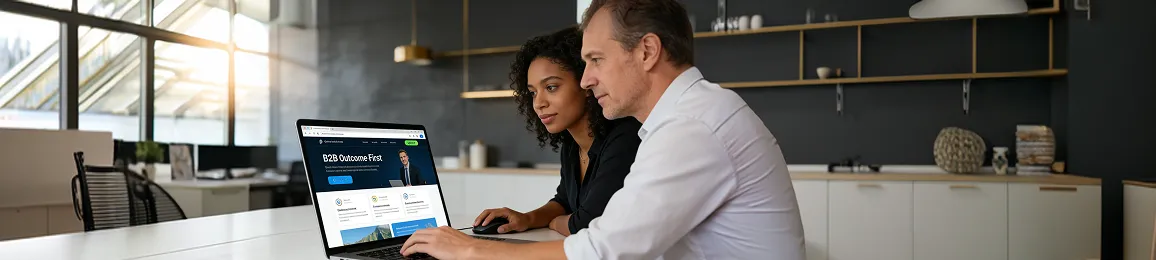 Two B2B colleagues calmly reviewing their newly redesigned high-converting company website on a laptop Two B2B colleagues calmly reviewing their newly redesigned high-converting company website on a laptop