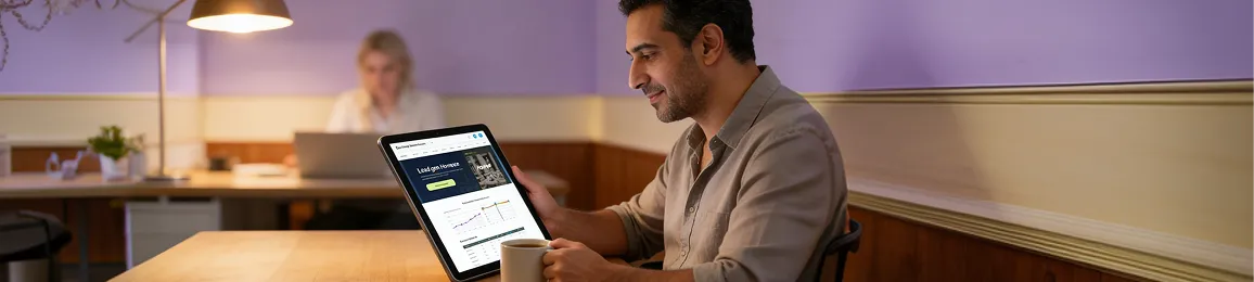 B2B marketing professional reviewing a design proposal on a tablet at a tidy desk B2B marketing professional reviewing a design proposal on a tablet at a tidy desk