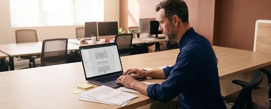 Designer and marketer reviewing landing page wireframes together at a professional desk with morning window light and engaged focus Designer and marketer reviewing landing page wireframes together at a professional desk with morning window light and engaged focus