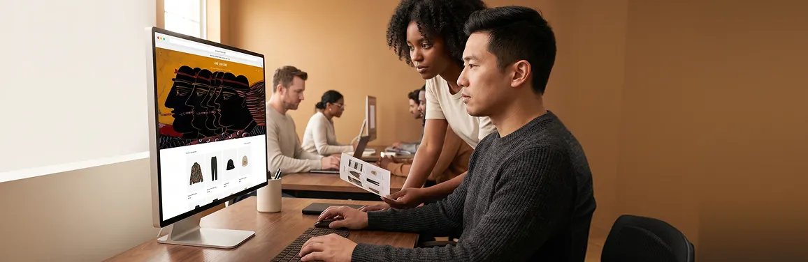 Ecommerce design team reviewing live store builds at large monitors with screen glow in a professional workspace Ecommerce design team reviewing live store builds at large monitors with screen glow in a professional workspace