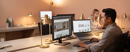 Ecommerce designer reviewing product catalog layout and category structure on dual monitors in a professional workspace with warm ambient light Ecommerce designer reviewing product catalog layout and category structure on dual monitors in a professional workspace with warm ambient light
