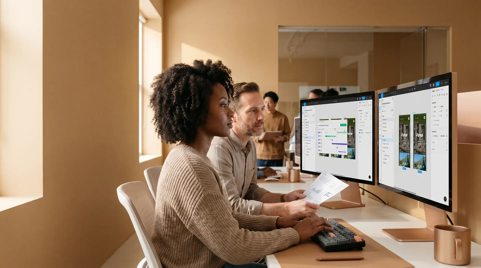 User experience design team reviewing user testing session recordings on large monitors in a bright studio User experience design team reviewing user testing session recordings on large monitors in a bright studio