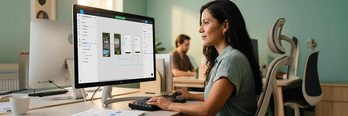 Product manager reviewing a clean refined user flow on screen with a positive activation metric, calm and confident Product manager reviewing a clean refined user flow on screen with a positive activation metric, calm and confident