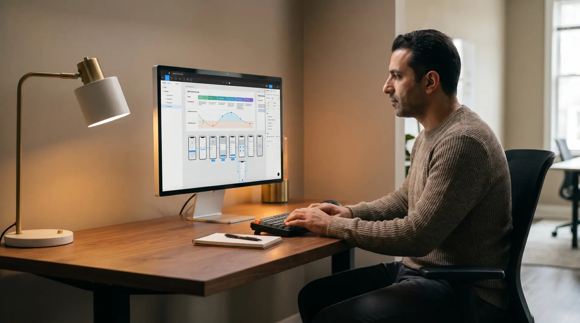 User experience researcher at a tidy desk with a user journey map visible on their monitor in a calm morning environment