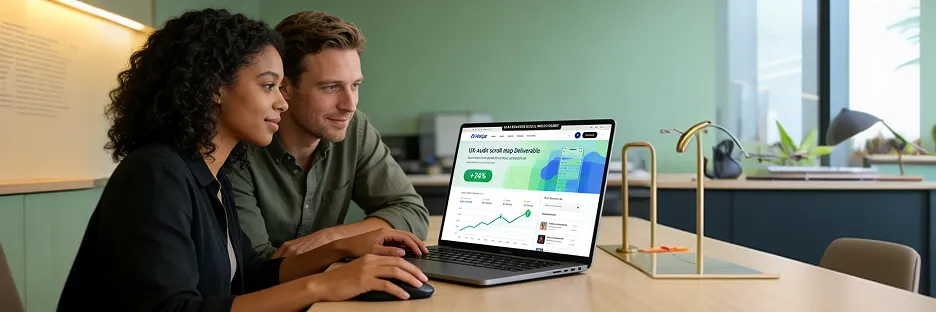 User experience team reviewing an improved conversion result and scroll heatmap deliverable on a laptop User experience team reviewing an improved conversion result and scroll heatmap deliverable on a laptop