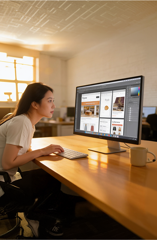 Ecommerce designer reviewing platform storefront mockup in Figma on a large monitor Ecommerce designer reviewing platform storefront mockup in Figma on a large monitor