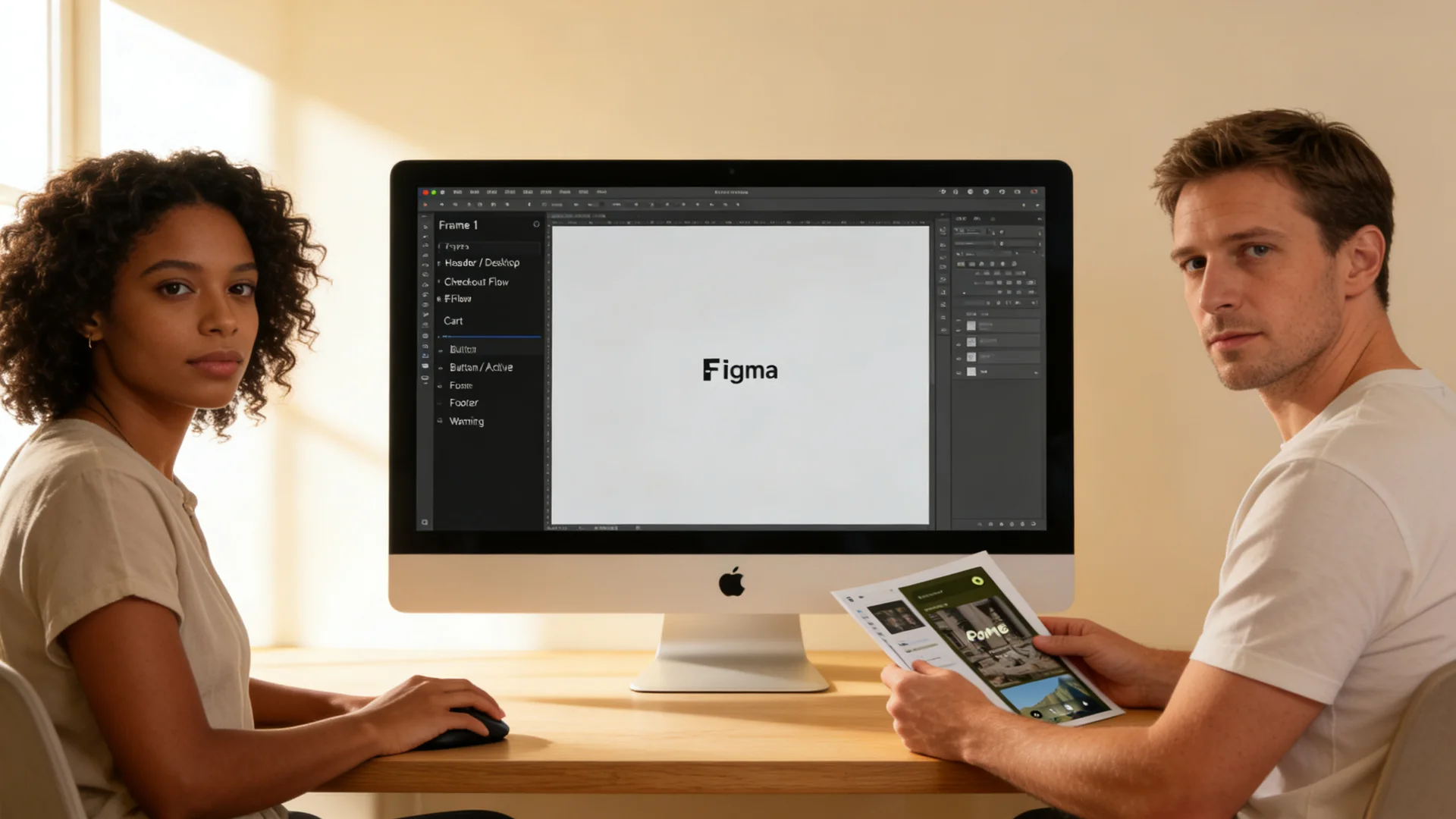A polished web design deliverable shown on a laptop with the landing page hero section visible while a designer annotates spacing on a Wacom tablet nearby