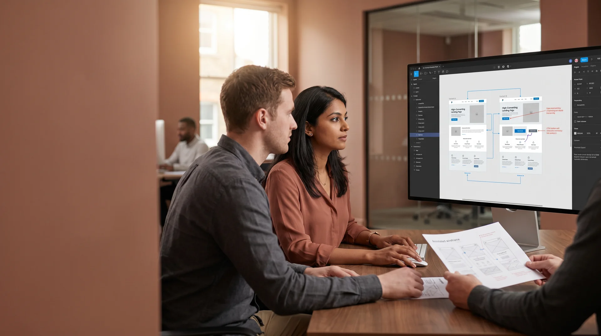 A polished ecommerce storefront homepage visible on a monitor while a designer annotates a component library in Figma on a second screen, calm after state