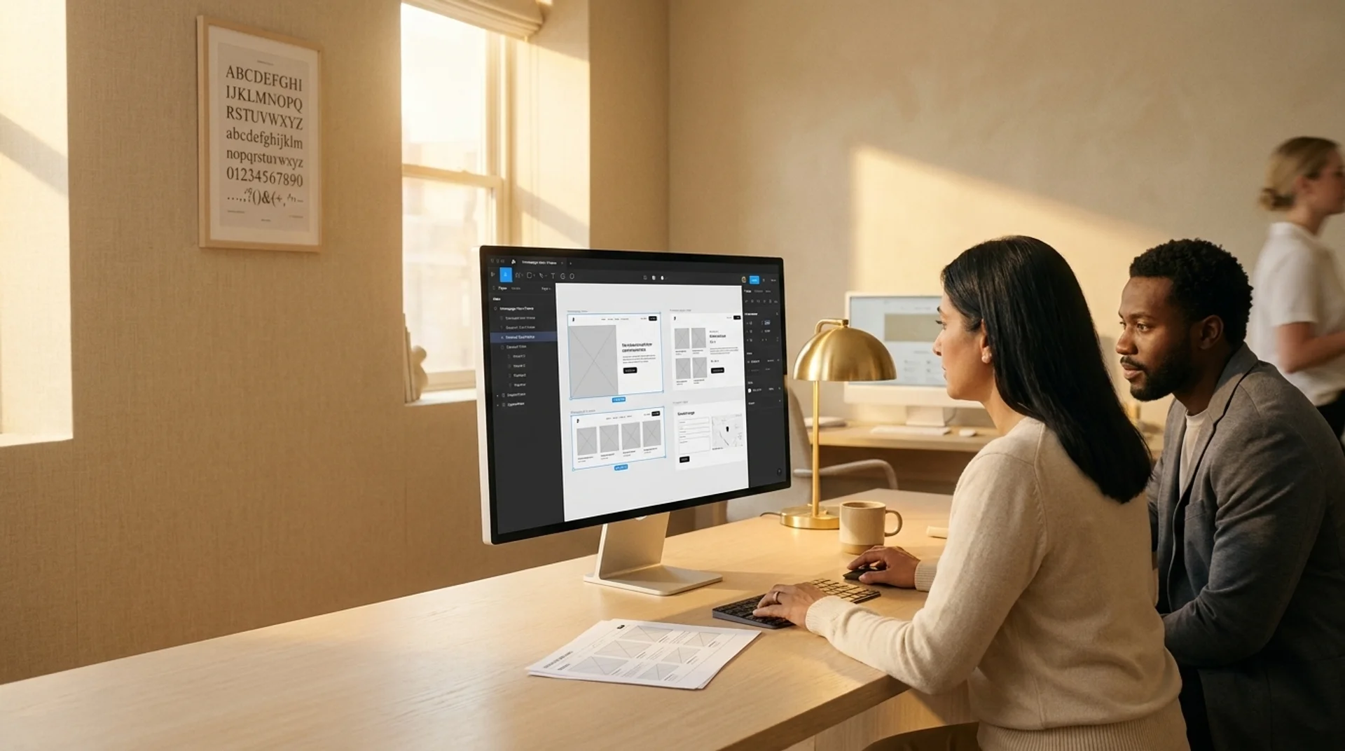 Designer and client reviewing website redesign wireframes on a large monitor in a bright office