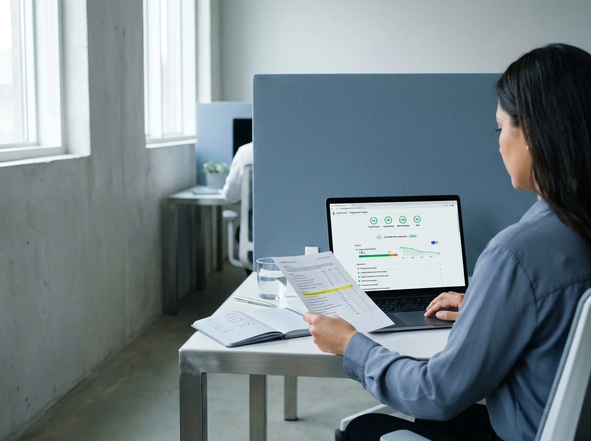 Analyst reviewing poor website metrics and slow load times on a laptop screen