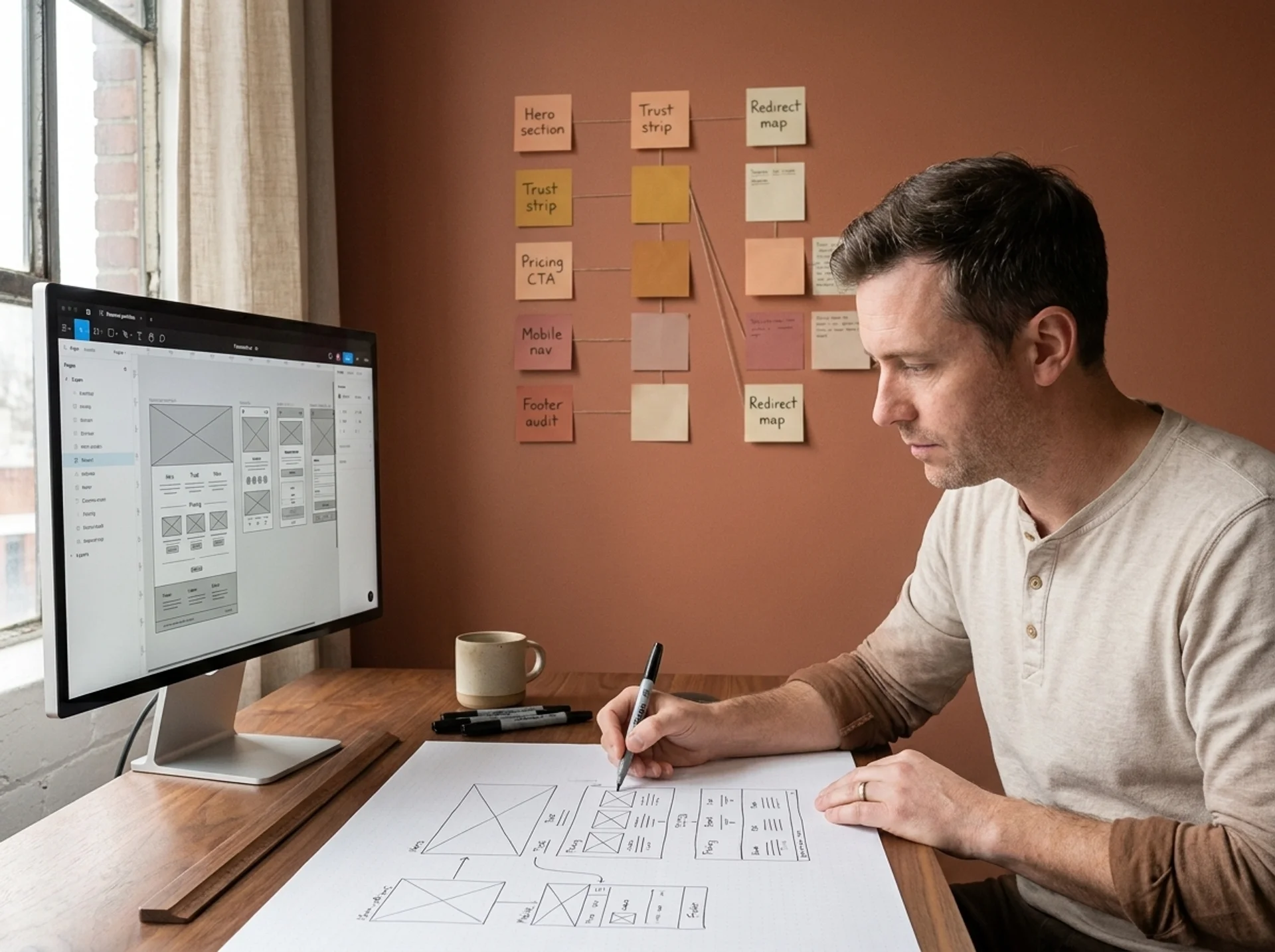 Designer sketching website redesign wireframes at a desk with sticky notes on the wall