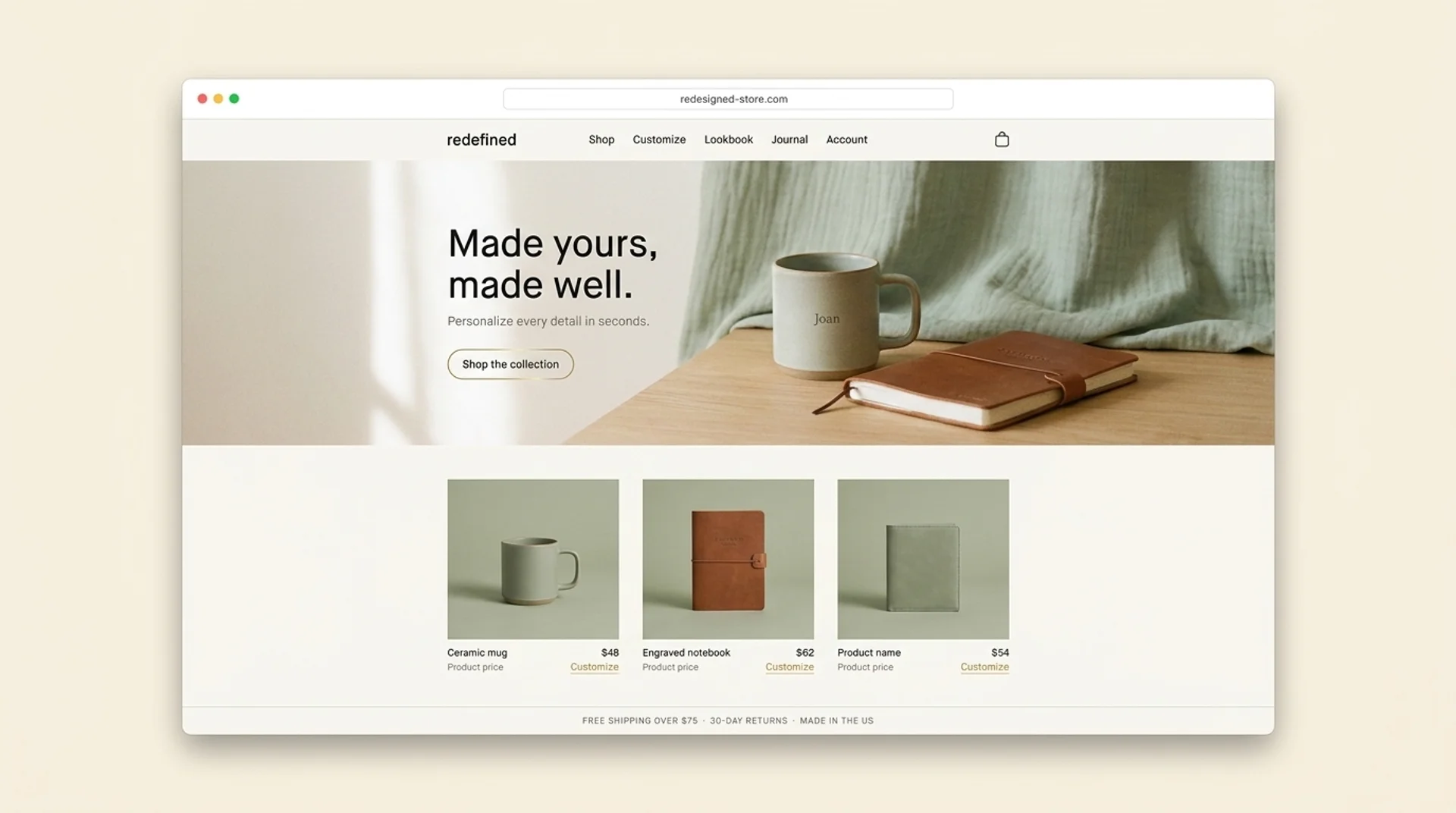 Before and after browser screenshots showing the redesigned ecommerce storefront