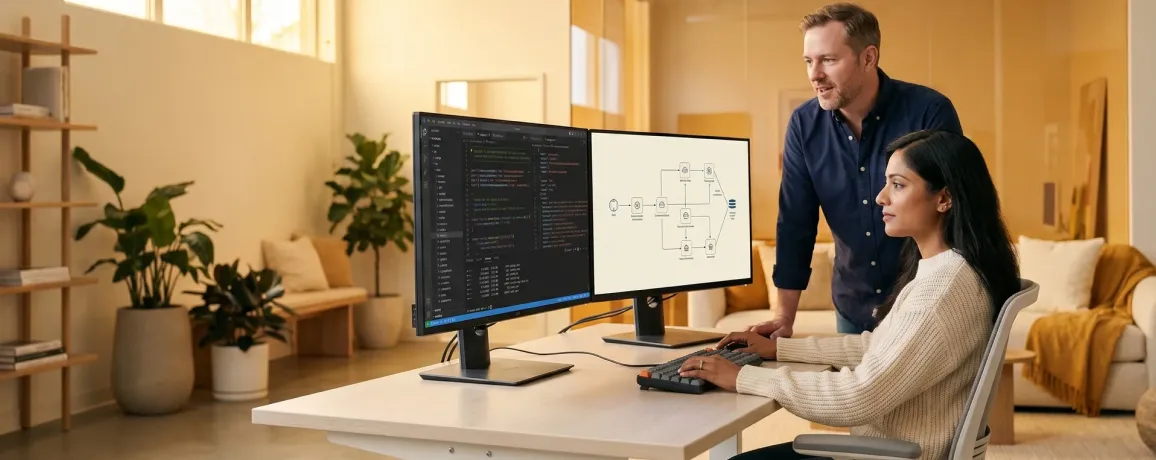 Engineering lead reviewing custom software architecture on dual monitors in collaborative workspace Engineering lead reviewing custom software architecture on dual monitors in collaborative workspace