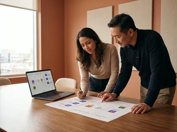Two engineers reviewing printed technical architecture brief at meeting table Two engineers reviewing printed technical architecture brief at meeting table