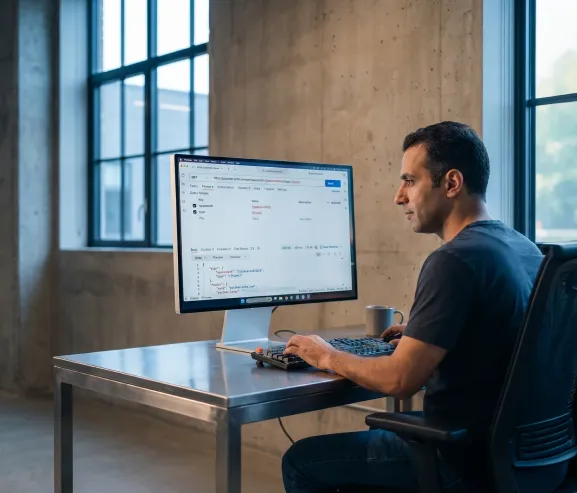 Developer reviewing application programming interface integration architecture diagram at workstation with screen glow Developer reviewing application programming interface integration architecture diagram at workstation with screen glow