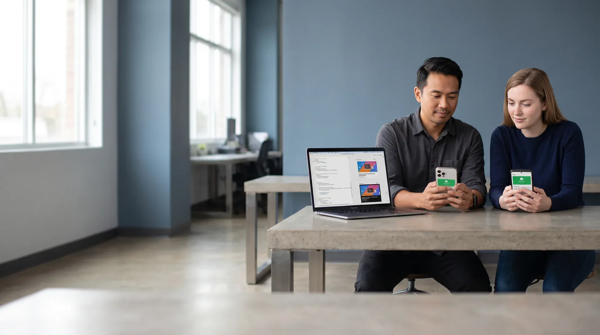 Two mobile developers doing final device testing on iOS and Android phones before app store submission Two mobile developers doing final device testing on iOS and Android phones before app store submission