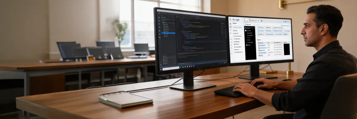 Focused data engineer at dual-monitor workstation showing Python pipeline code and BigQuery analytics interface in modern office Focused data engineer at dual-monitor workstation showing Python pipeline code and BigQuery analytics interface in modern office
