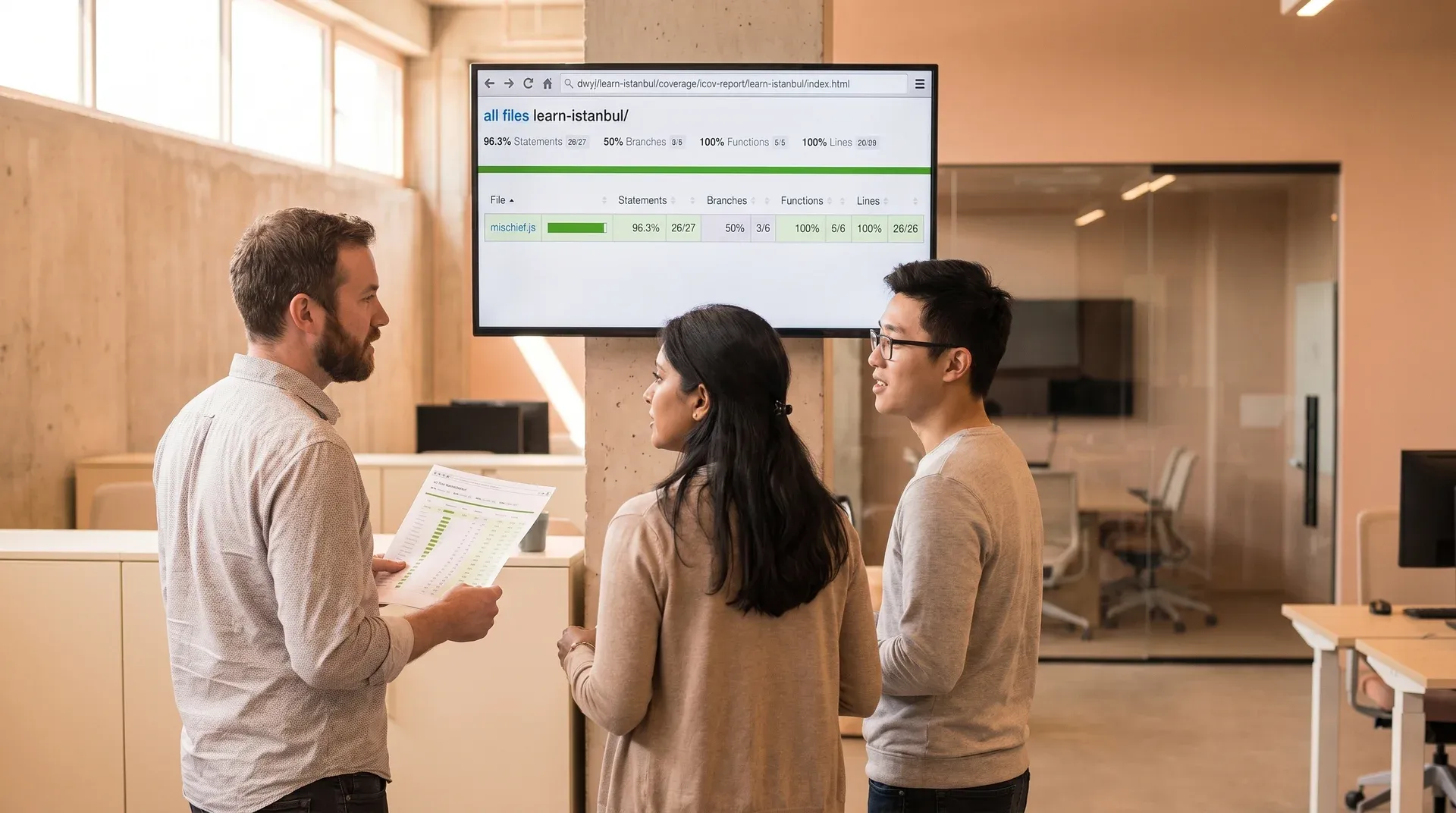 QA engineering team reviewing test coverage reports on large monitors in modern office space