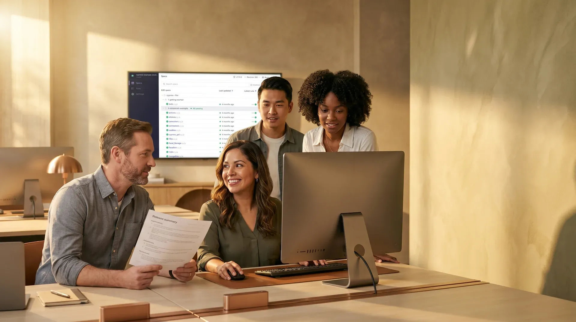 Engineering team at workstations reviewing all-green CI/CD pipeline on large monitor with satisfied expressions in modern office