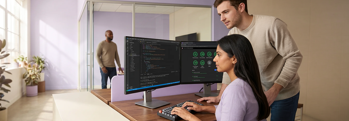 Developer reviewing PWA architecture and code at a modern workstation — natural window light Developer reviewing PWA architecture and code at a modern workstation — natural window light