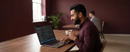 Developer reviewing successfully deployed platform on laptop, focused satisfaction, clean desk, morning light Developer reviewing successfully deployed platform on laptop, focused satisfaction, clean desk, morning light