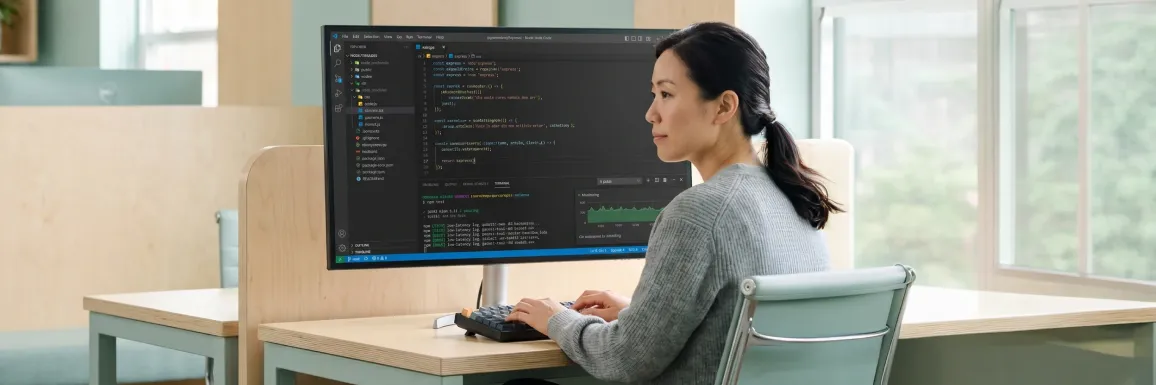 Backend engineer calmly reviewing the modernized Node.js service in VS Code — green passing npm test suite and a healthy stable monitoring chart, the resolved state after replacing the overloaded legacy server Backend engineer calmly reviewing the modernized Node.js service in VS Code — green passing npm test suite and a healthy stable monitoring chart, the resolved state after replacing the overloaded legacy server
